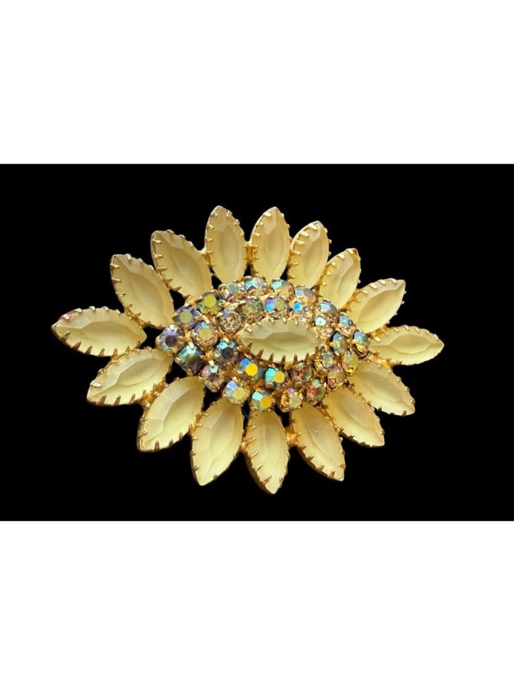 Juliana D&E Brooch Rhinestone Frosted Glass Crystal Aurora Borealis Gold Tone